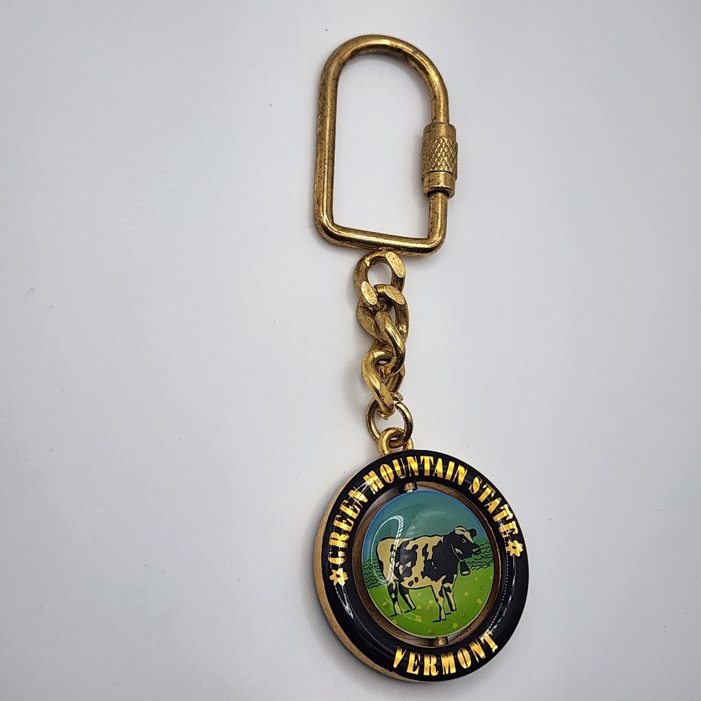 Vintage Vermont Spinner Screw Lock Keychain Keyring Green Mountain State Cow